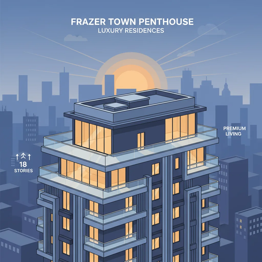 Modern luxury 4 BHK penthouse exterior aerial view at Prestige Spencer Heights, 18-story residential tower with expansive glass balconies overlooking Frazer Town Central Bangalore skyline