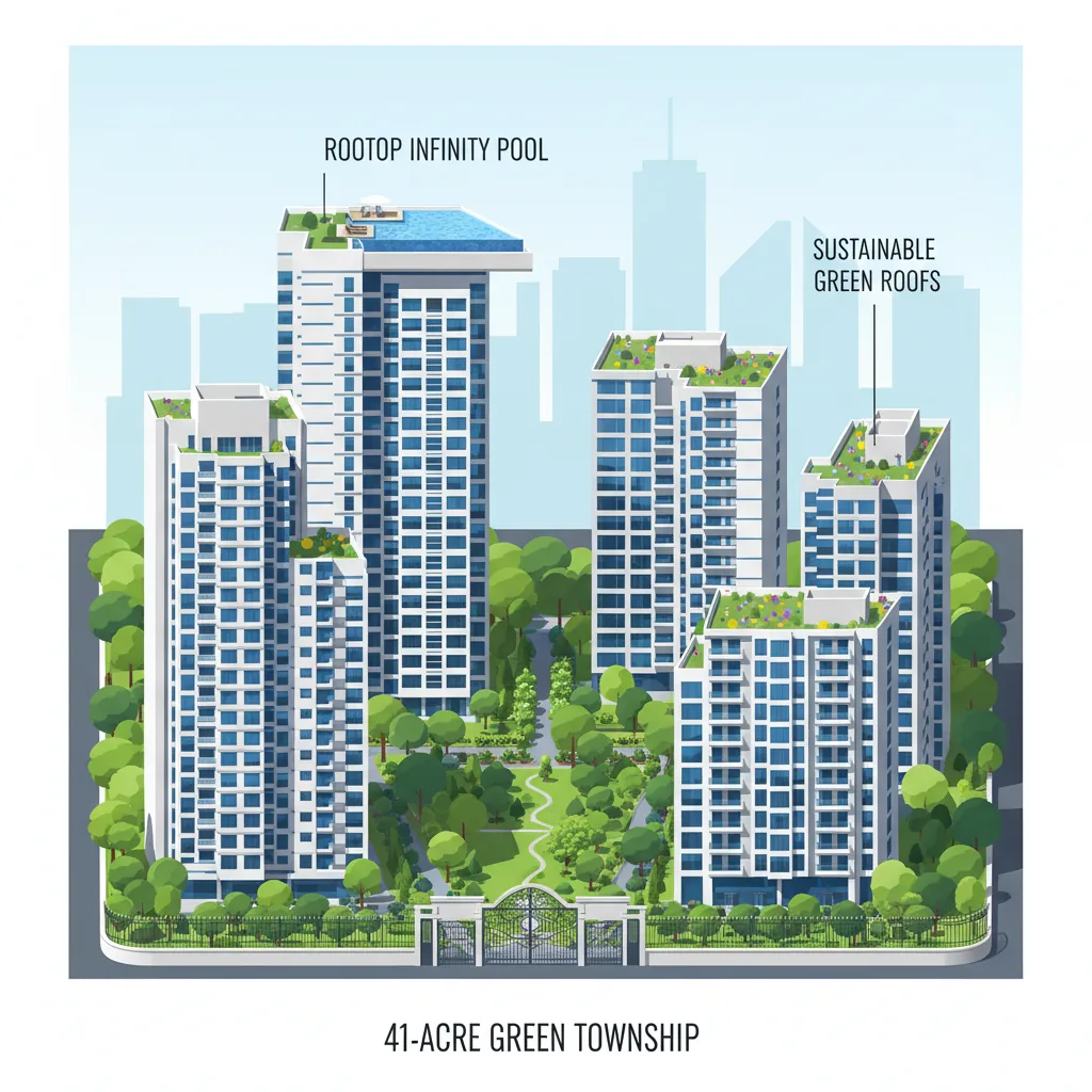 Modern luxury high-rise residential towers in a lush green 41-acre township with rooftop infinity pool and sustainable green roofs