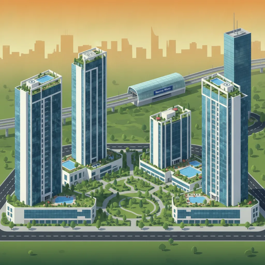 Aerial view of Prestige Falcon City Reserve luxury residential township with high-rise towers, rooftop amenities, metro connectivity, and urban Bangalore skyline