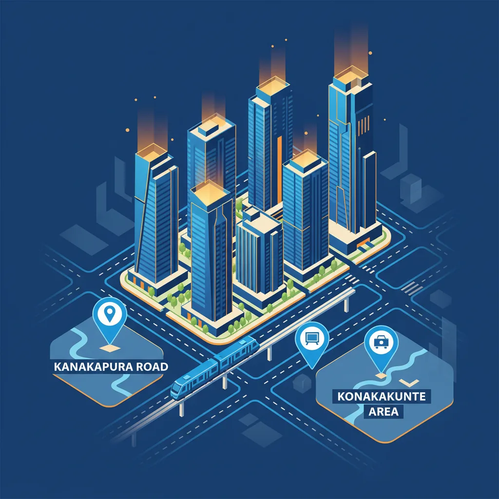 Prestige Falcon City Reserve residential township with connectivity icons showing metro and road network in South Bangalore