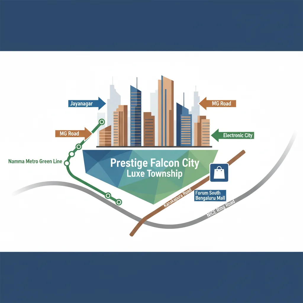 Modern infographic style location map showing directions to Prestige Falcon City Reserve in South Bangalore with Namma Metro Green Line, NICE Ring Road, and Forum Mall landmarks