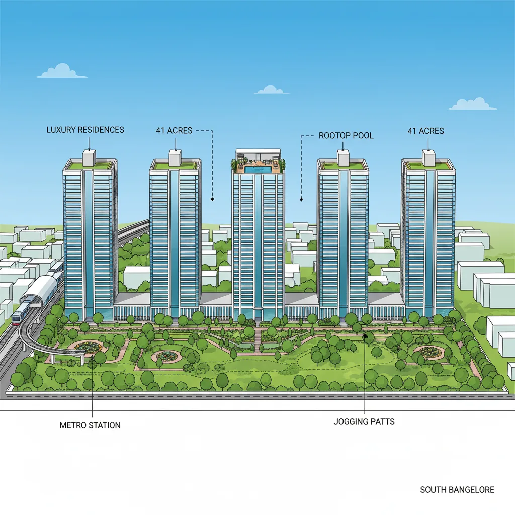 Prestige Falcon City Reserve - modern luxury residential towers with landscaped gardens, rooftop pool and 80% green open space