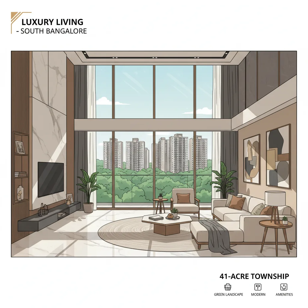 Prestige Falcon City Reserve model apartment interior - modern luxury living room with premium finishes and green landscape views
