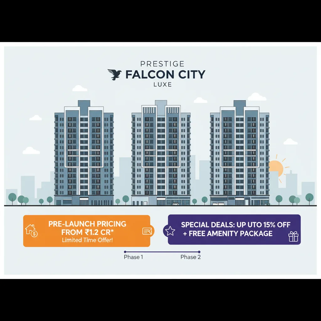 Modern luxury residential apartment towers in Bangalore with promotional offer banners, infographic style showing pre-launch pricing and special deals